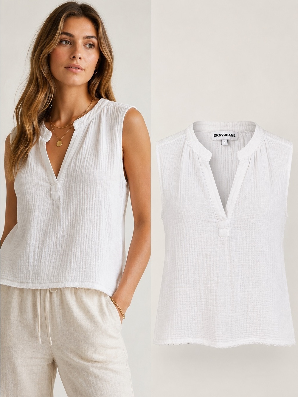 DKNY Jeans | White Gauze Sleeveless Top | Size Small | Boho Coastal Minimalist